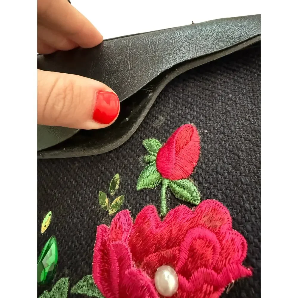 Vintage Embellished Top Handle Rhinestone Flamenco Dancer Embroidered Rose Purse